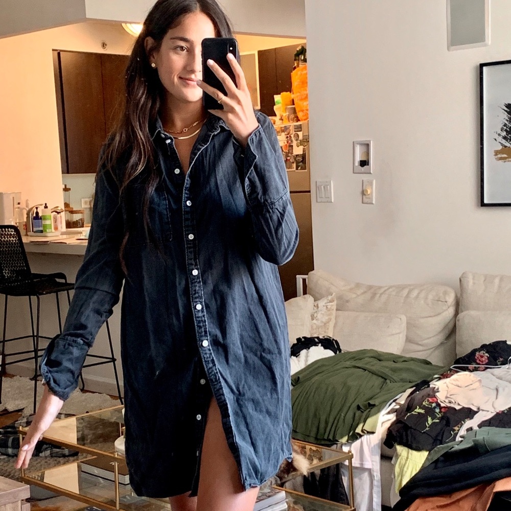 Black denim button up dress